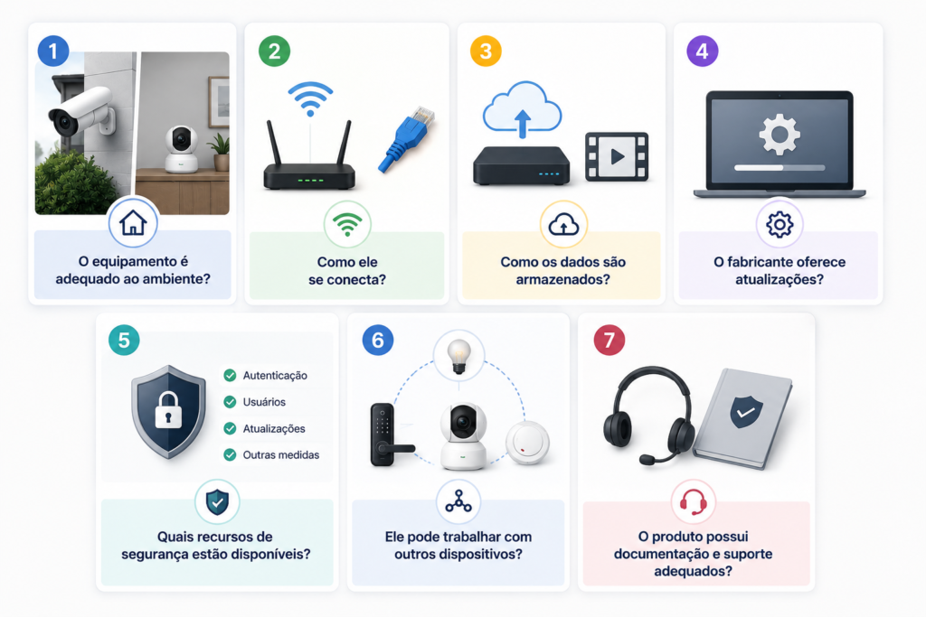 Quadro visual com critérios para avaliar um dispositivo de segurança inteligente antes da compra