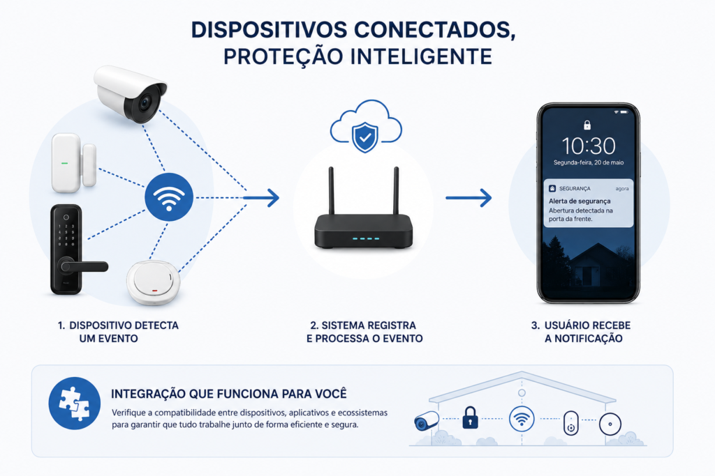 Infográfico mostrando a integração entre dispositivos de segurança, rede e smartphone