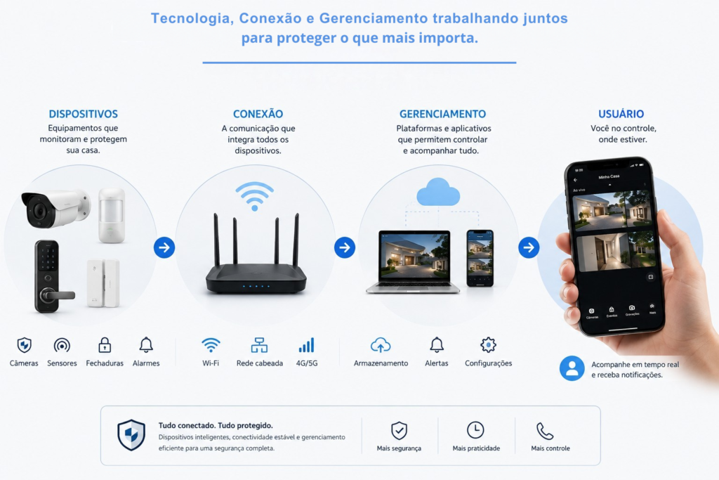 Infográfico mostrando como dispositivos de segurança inteligente se conectam e são gerenciados