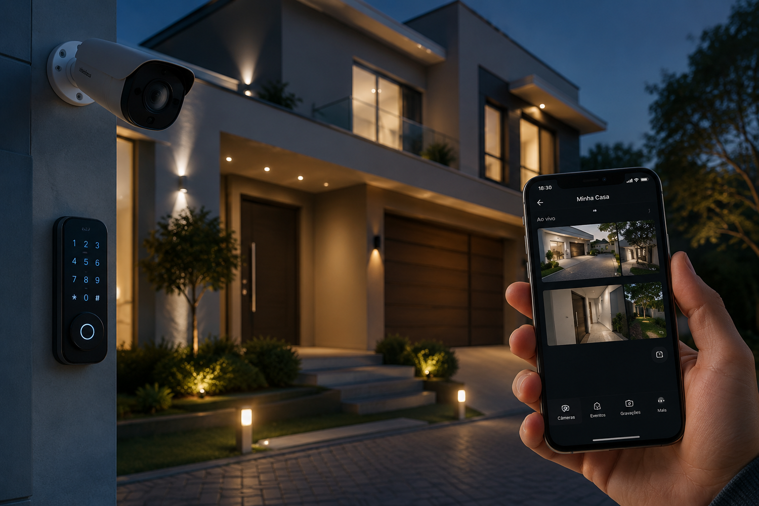 Casa moderna com câmera de segurança e fechadura digital conectadas à tecnologia inteligente