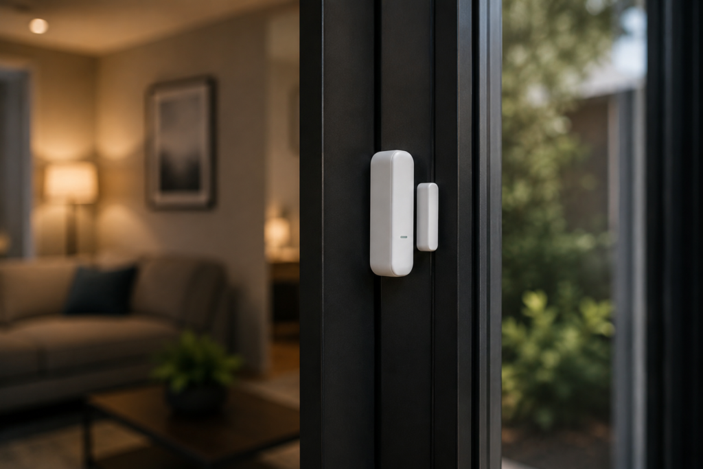 Sensor de abertura instalado em porta para monitoramento de acesso