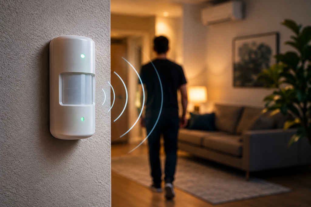 Sensor de movimento instalado em ambiente residencial para monitoramento