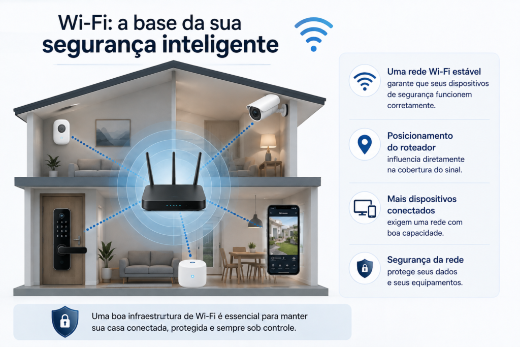 Infográfico mostrando como a rede Wi-Fi conecta câmeras, sensores, fechaduras e outros dispositivos de segurança residencial